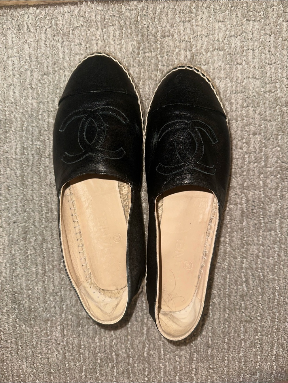 CHANEL Black Leather Espadrilles with CC Logo